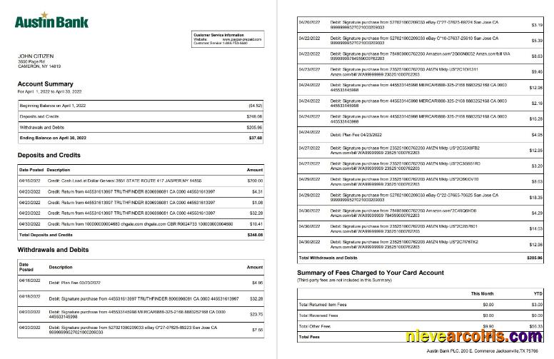 USA Austin Bank statement 2 pages